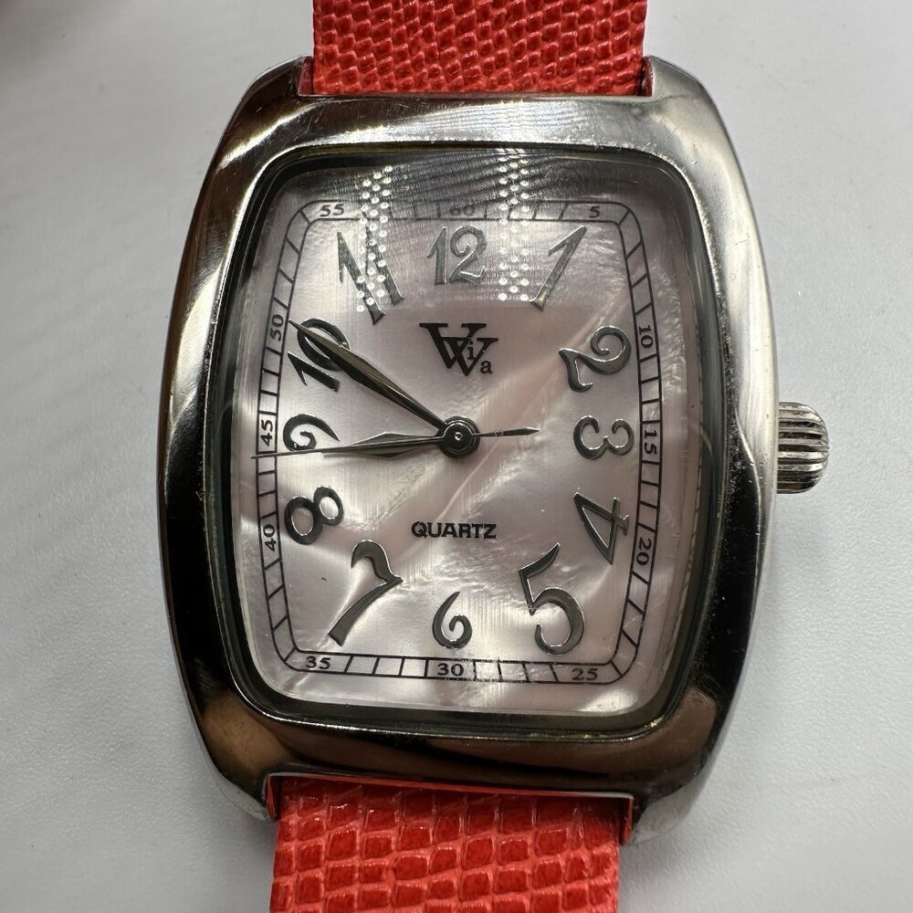 Viva by Pierre Cardin Watch Women Silver Tone Pink Dial Red Band New Battery